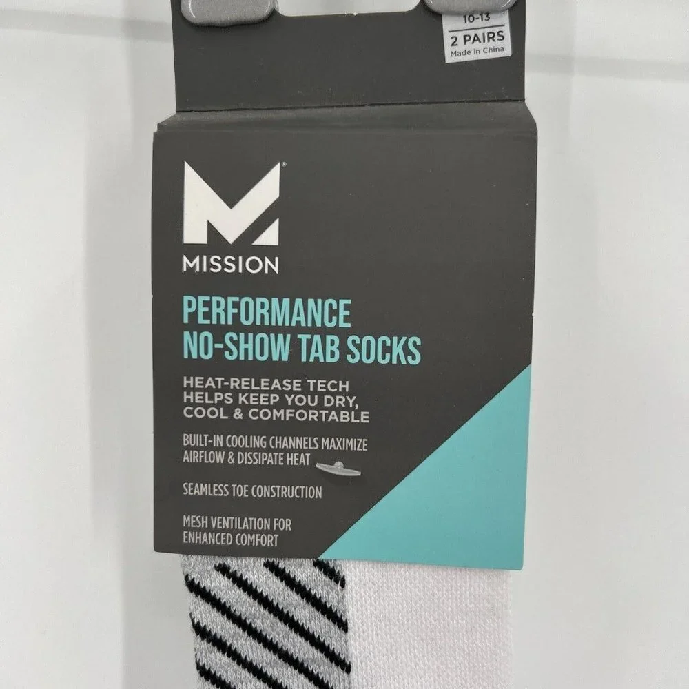Mission White Performance No-Show Tab Socks sz L Mens 8-12/Womens 10-13 2 Pairs